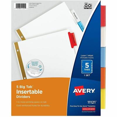 Avery 5-Tab Binder Dividers, Insertable Multicolor Big Tabs, 1 Set (11121) - 5 x Divider(s) - 5 Tab(s) - Digit - 5 - 5 Tab(s)/Set - 8.5" Divider Width x 11" Divider Length - 3 Hole Punched - White Paper Divider - Multicolor Plastic, Paper Tab(s) - 20