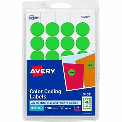 Avery&reg; Removable Color-Coding Labels - 3/4" Diameter - Removable Adhesive - Round - Laser - Matte - Neon Green - Paper - 24 / Sheet - 42 Total Sheets - 1008 Total Label(s) - 1 Pack