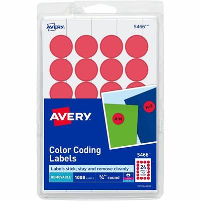 Avery&reg; Color-Coding Labels - 3/4" Diameter - Removable Adhesive - Round - Laser, Inkjet - Matte - Red - Paper - 24 / Sheet - 42 Total Sheets - 1008 Total Label(s) - 1 Pack
