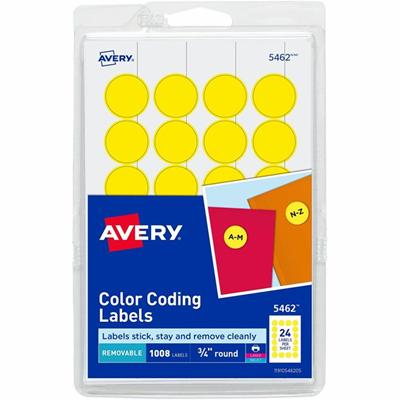 Avery&reg; 3/4" Round Removable Color Coding Labels - 3/4" Diameter - Removable Adhesive - Round - Laser, Inkjet - Yellow - Paper - Removable, Residue-free, Peel & Stick - 24 / Sheet - 42 Total Sheets - 1008 Total Label(s) - 1 Pack