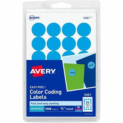 Avery&reg; Removable Color-Coding Labels, 3/4" Diameter, 1,008 Labels (5461) - 3/4" Diameter - Removable Adhesive - Round - Laser, Inkjet - Light Blue - Paper - Removable, Residue-free, Peel & Stick - 24 / Sheet - 42 Total Sheets - 1008 Total Label(s