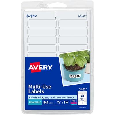 Avery&reg; Removable Labels, Removable Adhesive, 1/2" x 1-3/4" , 840 Labels (5422) - 1/2" Height x 1 3/4" Width - Removable Adhesive - Rectangle - Laser, Inkjet - White - Paper - 20 / Sheet - 42 Total Sheets - 840 Total Label(s)
