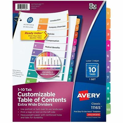 Avery Extra-Wide Dividers, 10 Tabs, Ready Index (11165) - 10 x Divider(s) - 10 Tab(s) - Digit - 1-10, Table of Contents - 10 Tab(s)/Set - 9.3" Divider Width x 11" Divider Length - 3 Hole Punched - White Paper Divider - Multicolor Paper Tab(s) - Print