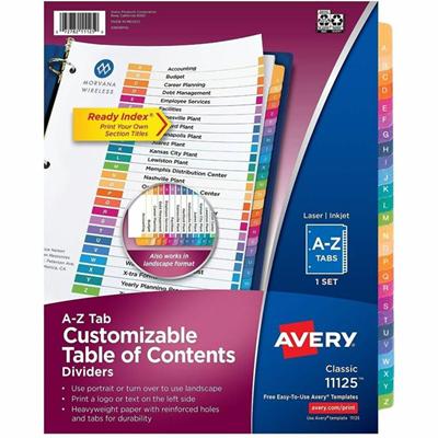 Avery A-Z Dividers, 26 Tabs, Ready Index, Multicolor Tabs (11125) - 26 x Divider(s) - 26 Printed Tab(s) - Alphabet - A-Z - 26 Tab(s)/Set - 8.5" Divider Width x 11" Divider Length - Letter - 8.50" Width x 11" Length - 3 Hole Punched - White Paper Divi