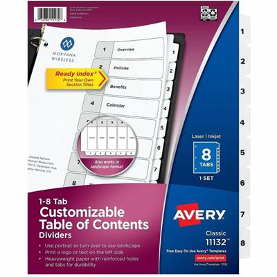 Avery Binder Dividers, 8 Tabs, Ready Index (11132) - 8 x Divider(s) - 8 Printed Tab(s) - Digit - 1-8 - 8 Tab(s)/Set - 8.5" Divider Width x 11" Divider Length - Letter - 8.50" Width x 11" Length - 3 Hole Punched - White Paper Divider - White Paper Tab