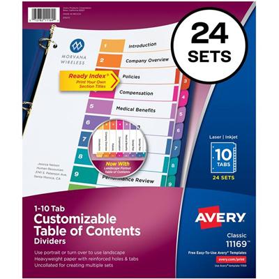 Avery&reg; Ready Index(R) 10 Tab Binder Dividers, Customizable Table of Contents, Multicolor Tabs, 24 Sets (11169) - 240 x Divider(s) - 1-10 - 10 Tab(s)/Set - 8.5" Divider Width x 11" Divider Length - 3 Hole Punched - White Paper Divider - Multicolor