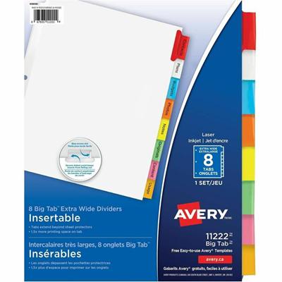 Avery&reg; Big Tab Insertable Extra-Wide Dividers - 8 x Divider(s) - 8 Tab(s) - 8 - 8 Tab(s)/Set - 9.3" Divider Width x 11.12" Divider Length - 3 Hole Punched - White Paper Divider - Multicolor Paper Tab(s) - 20% - Hole-punched, Insertable, Reinforce