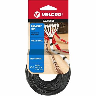 VELCRO&reg; ONE-WRAP Thin Ties 8in x 1/2in Ties Gray & Black 50 ct - Cable Tie - Black, Gray - 25 lb Loop Tensile - 8" Length - 50 / Pack