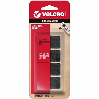 VELCRO&reg; Sticky Back 7/8in Squares Black 12 Ct - 0.87" Length x 0.87" Width - Black - For Wall, Glass, Tile, Plastic, Metal, Indoor, Outdoor, Home, Office, School, Smooth Surface - 1 Pack