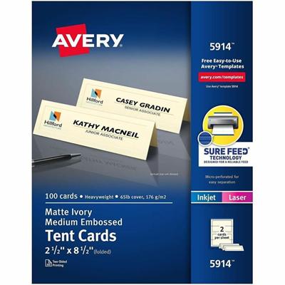 Avery&reg; Sure Feed Embossed Tent Cards - 79 Brightness - Letter - 8 1/2" x 11" - 65 lb Basis Weight - 176 g/m² Grammage - Embossed, Matte - Rounded Corner, Heavyweight, Printable, Smooth Edge, Pre-scored, Foldable, Jam-free, Double-sided, Micr