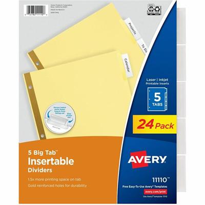 Avery&reg; Big Tab Insertable Dividers - 120 x Divider(s) - 5 Tab(s) - 5 - 5 Tab(s)/Set - 8.5" Divider Width x 11" Divider Length - Letter - 3 Hole Punched - Buff Paper Divider - Clear Plastic, Paper Tab(s) - 30% - Hole-punched, Insertable, Sturdy, D