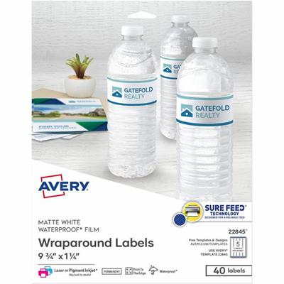 Avery&reg; Durable White Wraparound Labels9¾" x 1¼" - Waterproof - 9 3/4" Width x 1 1/4" Length - Permanent Adhesive - Rectangle - Inkjet, Laser - Matte White - Matte - Film - Water Resistant - Print-to-the Edge, Permanent Adhesive, Durable, Oil Resi