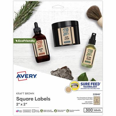 Avery&reg; Promotional Label - Waterproof - 2" Width x 2" Length - Permanent Adhesive - Square - Inkjet, Laser - Matte Kraft Brown - Matte - Paper - Bleed Resistant, Curl Resistant, Customizable, Easy Peel, Peeling Resistant, Permanent Adhesive, Pop 