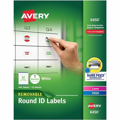 Avery&reg; Multiuse Removable Labels - 1" Diameter - Removable Adhesive - Round - Inkjet, Laser - White - Paper - Jam Resistant, PVC-free, Removable, Residue-free - 63 / Sheet - 15 Total Sheets - 945 Total Label(s) - 945 / Pack