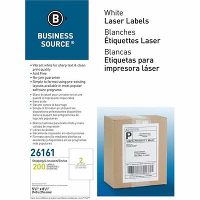Business Source Shipping Labels - 5 1/2" Width x 8 1/2" Length - Permanent Adhesive - Rectangle - Laser, Inkjet - White - Lignin-free, Jam-free, Smudge Resistant - 2 / Sheet - 100 Total Sheets - 1 Box