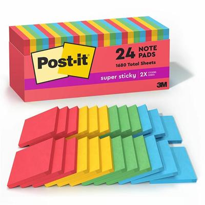 Post-it&reg; Super Sticky Notes Cabinet Pack - Playful Primaries Color Collection - 1680 x Electric Glow Assorted - 3" Flag/Note Width x 3" Flag/Note Length - Square - 70 Sheets per Pad - Unruled - Candy Apple Red, Sunnyside, Lucky Green, Blue Paradi