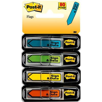 Post-it&reg; Arrow Message Flags - 80 - 1/2" Flag/Note Width x 1 3/4" Flag/Note Length - Arrow, Rectangle - Unruled - Sign & Date - Blue, Red, Green, Yellow, Assorted - Self-adhesive, Repositionable, Removable - Dispenser Included - 1 Pack
