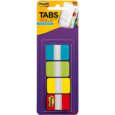 Post-it&reg; Tabs in On-the-Go Dispenser - 88 Write-on Tab(s) - 1.50" Tab Height x 1" Tab Width - Blue, Green, Yellow, Red Tab(s) - Repositionable - 1 Pack