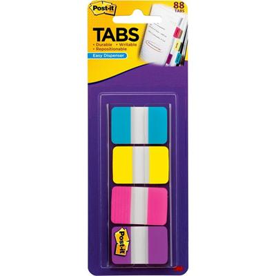 Post-it&reg; Tabs - 88 Write-on Tab(s) - 1.50" Tab Height x 1" Tab Width - Blue, Yellow, Pink, Purple Tab(s) - Repositionable - 1 Pack