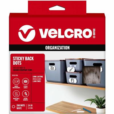 VELCRO&reg; Sticky Back 3/4in Circles White 200 ct - 0.75" Diameter - White - For Sign, Poster, Wall, Plastic, Glass, Tile, Home, School - 200 / Box