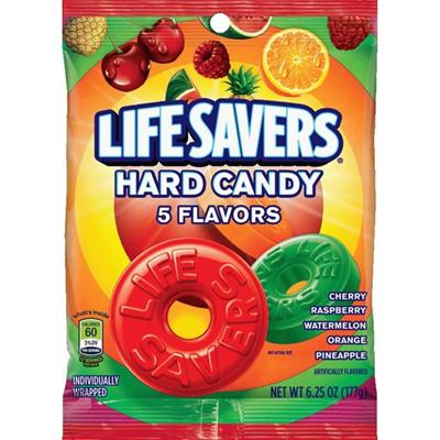 Wrigley LifeSavers 5 Flavors Hard Candies - Cherry, Raspberry, Watermelon, Orange, Pineapple - Individually Wrapped - 6.25 oz - 1 Bag