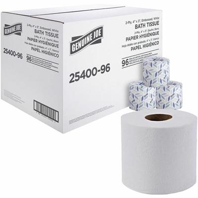 Genuine Joe 2-ply Standard Bath Tissue Rolls - 2 Ply - 3" Width x 4" Length - 400 Sheets/Roll - 1 5/8" Core - White - 96 / Carton