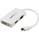 StarTech.com Travel A/V Adapter: 3-in-1 Mini DisplayPort to VGA DVI or HDMI Converter - White - 1 x 19-pin HDMI Digital Audio/Video - Female, 1 x 15-pin DB-15 Video - Female, 1 x 25-pin DVI-D Digital Video - Female - 1 x 20-pin Mini DisplayPort Digit