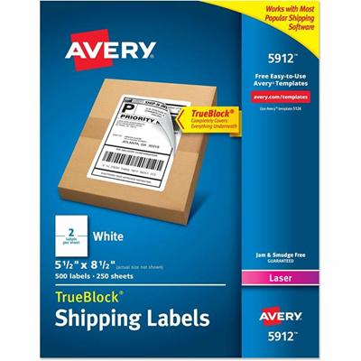 Avery&reg; TrueBlock Shipping Label - 5 1/2" Width x 8 1/2" Length - Permanent Adhesive - Rectangle - Laser - Matte - White - Paper - Permanent Adhesive, Jam Resistant, Smudge Resistant, Customizable, Stick & Stay, Reusable - 2 / Sheet - 250 Total Sh