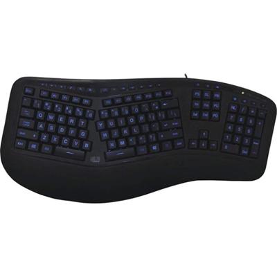 Adesso Color Illuminated Ergonomic Keyboard - Cable Connectivity - Full-size - USB Interface - RGB LED - 105 Key(s) - 13 Hot Key(s) - Media Player, Internet, Multimedia, Play/Pause, Stop, Previous Track, Next Track, Volume Down, Volume Up, Mute, Home