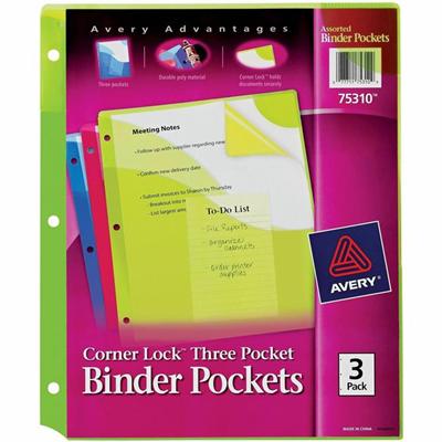 Avery&reg; Corner Lock Binder Pockets, Assorted, 3ct (75310) - 20 x Page, Paper, Photograph, Document Capacity - For Letter 8 1/2" x 11" Sheet - 3 x Holes - Ring Binder - Rectangular - Blue, Green, Pink - Polypropylene, Plastic - 3 / Pack