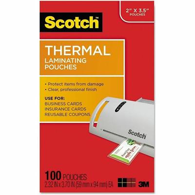 Scotch Thermal Laminating Pouches - Laminating Pouch/Sheet Size: 2.30" Width x 3.70" Length x 5 mil Thickness - Glossy - for Business Card, Photo, Document, Lists, Coupon, Punch Card - Double Sided, Moisture Resistant, Photo-safe - Clear - 100 / Pack