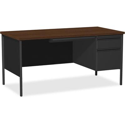Lorell Fortress Series 66" Right-Pedestal Desk - Laminated Rectangle, Walnut Top - 30" Table Top Length x 66" Table Top Width x 1.13" Table Top Thickness - 29.50" Height - Business Environment, Educational Environment, Office - Assembly Required - Bl