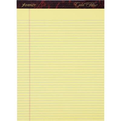 Ampad Gold Fibre Narrow Rule Writing Pads - 50 Sheets - Watermark - Stapled/Glued - 0.25" Ruled - 16 lb Basis Weight - Letter - 8 1/2" x 11 3/4" Sheet Size - Canary Yellow Paper - Micro Perforated, Bleed-free, Chipboard Backing - 1 Dozen