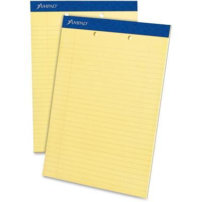 Ampad Writing Pad - 50 Sheets - Stapled - 0.34" Ruled - 15 lb Basis Weight - Letter - 8 1/2" x 11" Sheet Size x 8.5" Width x 11.8" Length - Canary Yellow Paper - Dark Blue Binding - Micro Perforated, Sturdy Back, Chipboard Backing, Tear Resistant - 1