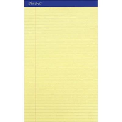 Ampad Writing Pad - 50 Sheets - Stapled - 0.34" Ruled - 15 lb Basis Weight - Legal - 8 1/2" x 14" Sheet Size - Canary Yellow Paper - Dark Blue Binding - Perforated, Sturdy Back, Chipboard Backing, Tear Resistant - 1 Dozen