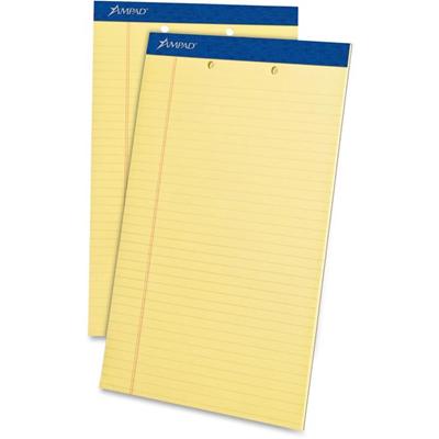 Ampad Writing Pad - 50 Sheets - Stapled - 0.34" Ruled - 2 Hole(s) - 15 lb Basis Weight - Legal - 8 1/2" x 14" Sheet Size - Canary Yellow Paper - Dark Blue Binding - Perforated, Sturdy Back, Chipboard Backing, Tear Resistant - 1 Dozen