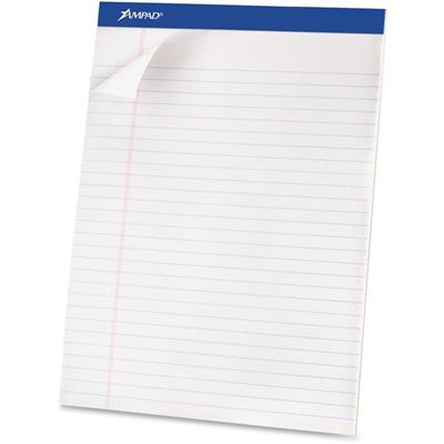 Ampad Basic Perforated Writing Pads - 50 Sheets - Stapled - 0.34" Ruled - 15 lb Basis Weight - 8 1/2" x 11 3/4" Sheet Size - White Paper - White Cover - Sturdy Back, Header Strip, Micro Perforated, Chipboard Backing - 1 Dozen