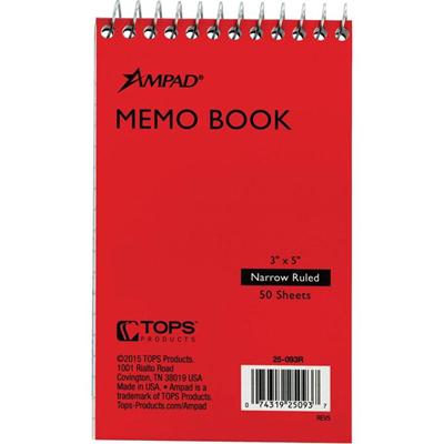 Ampad Topbound Memo Notebook - 50 Sheets - Wire Bound - 3" x 5" Sheet Size - White Paper - Assorted Pressboard Cover - Mediumweight, Rigid - Recycled - 1 Each