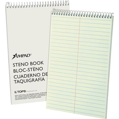 Ampad Kraft Cover Steno Book - 60 Sheets - Wire Bound - Front Ruling Surface - 0.34" Ruled - Gregg Ruled Margin - 15 lb Basis Weight - 6" x 9" Sheet Size - Green Tint Paper - Kraft Cover - Chipboard Backing, Rigid, WireLock, Snag Resistant, Sturdy Co