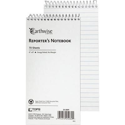 Ampad Earthwise Reporter's Notebook - 70 Sheets - Wire Bound - Front Ruling Surface - 0.34" Ruled - 15 lb Basis Weight - 4" x 8" Sheet Size - White Paper - WireLock, Chipboard Backing, Micro Perforated, Easy Tear, Snag Resistant - Recycled - 1 Each