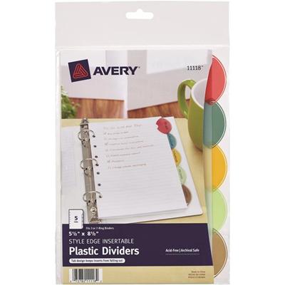 Avery&reg; Insertable Style Edge Plastic Mini Dividers for 3 Ring Binders, 5.5" x 8.5" , 5-Tab Set, Multicolor, 1 Set (11118) - 5 x Divider(s) - 5 - 5 Tab(s)/Set - 5.5" Divider Width x 8.50" Divider Length - 7 Hole Punched - Translucent Plastic Divid