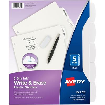 Avery&reg; Big Tab Write & Erase Dividers - 5 x Divider(s) - Write-on Tab(s) - 5 - 5 Tab(s)/Set - 8.5" Divider Width x 11" Divider Length - 3 Hole Punched - White Plastic Divider - White Plastic Tab(s) - 5 / Set