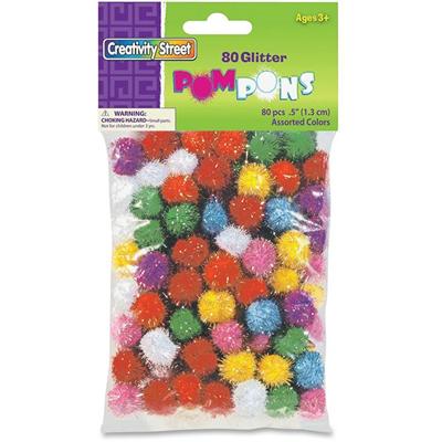 Creativity Street 1/2" Glitter PomPons - Art, Craft, Decoration, Jewelry, ClassRoom Project - 80 Piece(s) x 0.5" Diameter - Assorted - Acrylic - 1 Pack