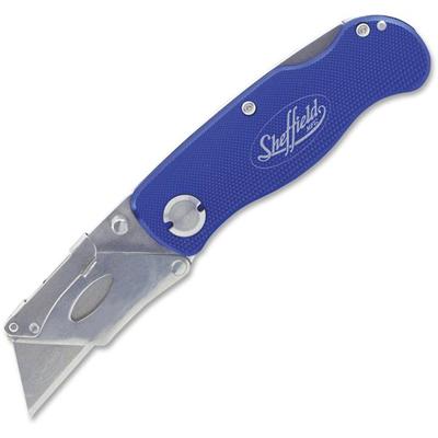 Sheffield Great NeckLockback Utility Knife - 0.7" Height x 4" Width x 8.9" Length - Locking Blade, Sturdy, Snap Closure, Lightweight, Pocket Clip - Aluminum - Blue - 1 Each