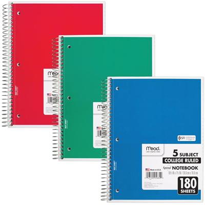 Mead 5-subject Spiral Notebook - 180 Sheets - Wire Bound - College Ruled Front Ruling - 7 1/2" x 10 1/2" Sheet Size - White Paper - Blue, Green, Red Cover - Divider, Compact, Subject - 1 Each