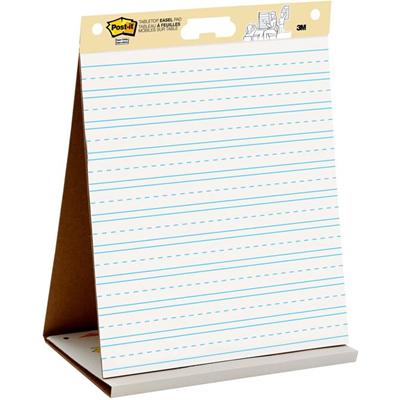 Post-it&reg; Tabletop Easel Pad with Primary Lines - 20 Sheets - Stapled - Primary Blue Margin - 18.50 lb Basis Weight - 20" x 23" Sheet Size - White Paper - Cardboard Cover - Self-stick, Built-in Stand, Foldable, Bleed Resistant, Repositionable, Ref