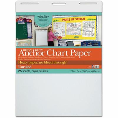 Pacon Heavy-duty Anchor Chart Paper - 25 Sheets - Plain - Unruled Front Ruling - 27" x 34" Sheet Size - White Paper - Heavy Duty, Resist Bleed-through, Recyclable, Built-in Carry Handle - 4 / Carton