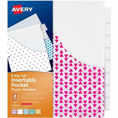 Avery&reg; Big Tab Plastic Dividers with Pockets, 8-Tab - 8 x Divider(s) - 8 Tab(s) - 8 Tab(s)/Set - 9.3" Divider Width x 11.25" Divider Length - 3 Hole Punched - Multicolor Plastic Divider - Clear Plastic Tab(s) - PVC-free, Hole-punched, Insertable,