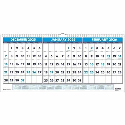 House of Doolittle 3-month Horizontal Wall Calendar - Julian Dates - Monthly - 14 Month - December 2025 to January 2027 - 12" x 23 1/2" Sheet Size - 1.63" x 1.38" Block - Wire Bound - Multi - 12" Height x 23.5" Width - Reference Calendar, Eyelet - 1 