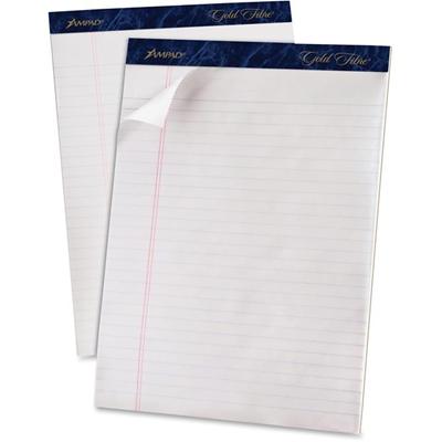 TOPS Gold Fibre Ruled Perforated Writing Pads - Letter - 50 Sheets - Watermark - Stapled/Glued - Front Ruling Surface - 0.34" Ruled - Ruled Margin - 20 lb Basis Weight - Letter - 8 1/2" x 11 3/4" Sheet Size - White Paper - Dark Blue Binding - Micro P